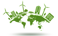 Symbolbild Klimaschutz: Grüne Andeutung der Weltkugel mit Kontinenten, Häusern und Windrädern