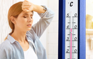Symbolbild Sommerhitze: Thermometer und leidende Frau