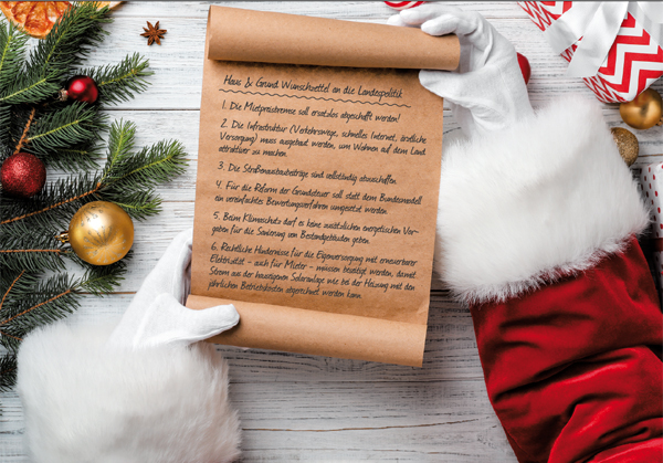 Symbolbild Wunschzettel: Weihnachtsmann liest die Wünsche der privaten Immobilieneigentümer